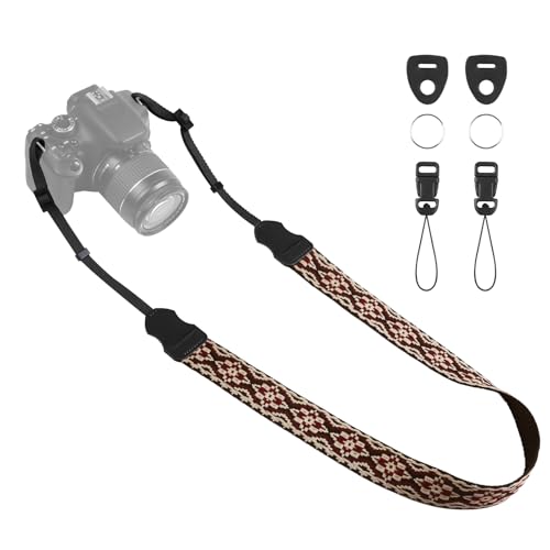 Image of Universal Camera Strap - Camera Neck Strap, Adjustable Shoulder Straps Compatible with Canon, Fujifilm, Nikon, Olympus, Panasonic and other SLR and mirrorless cameras - Red and Black Geo