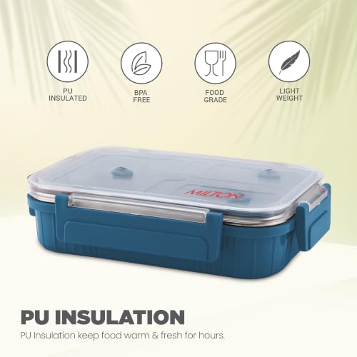 Image of MILTON Meal Safe 2 Inner Stainless Steel Tiffin Box for School with Steam Release Plug | PU Insulated, Leak-Proof, Food Grade I Lunch Box for Kids Boys, Girls with Snap Lock Lid, 465 ml, Navy Blue