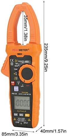 Dimensions of PEAKMETER PM2128 clamp meter: 235mm (9.25in) length, 85mm (3.35in) width, 40mm (1.57in) thickness, and clamp width of 35mm (1.38in).