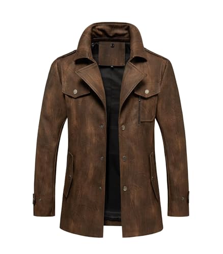 INVACHI Men's Leather Trench Coat Waterproof PU Windbreaker Jacket with Detachable Collar Overcoat2