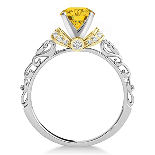 (0.87Ct) 14K Two-Tone Gold Yellow Sapphire And Diamond Antique-Style Bridal Set #TOP2