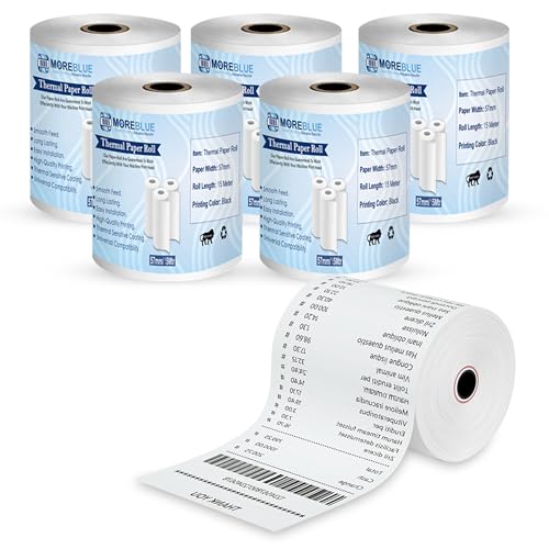 Image of MOREBLUE Credit Card, Food Bills Direct Thermal Receipt Paper Roll, Pack of 5 57mm(2 inch) x 15 Meter, Ink Free Print for POS, Credit Card Machines, & Petrol Pumps