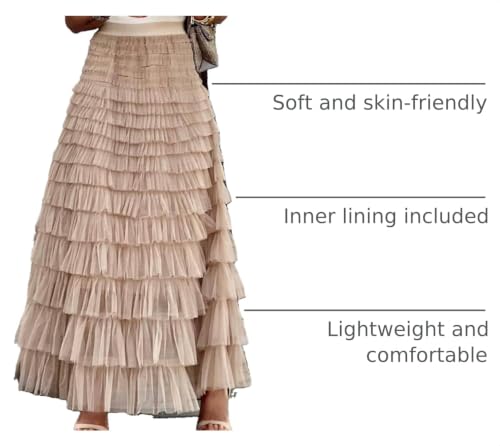 Mincib Womens Long Tulle Skirt A Line Ruffle Tiered Layered Skirts High Waisted Flowy Fairy Maxi Skirts(Champagne,XL) — view 4