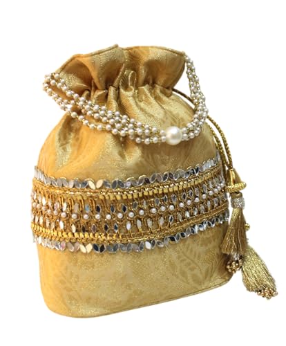 Image of MILAN'S CREATION Banarasi Silk Brocade Potli Bag Purse With Base Drawstring Women's handbag with Pearl Handle & Tassel Weddings