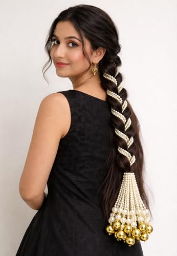 Image of Zippy Flora Mukta Pearl Parandi | Handmade Boho Traditional Paranda Hair Accessory with Pearl Embellishments & Ghoonghru | Women's Ethnic Hair Extension for Choti, Braids & Patiala Shahi Hairstyles