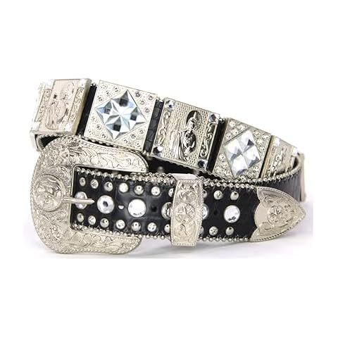 West Star Texas Rhinestone Belts St.Jude Jesus Western-Style Ornate Leather Belt with Clear Diamond Accents and Engraved Silver Buckle-8051 BK WT L Cover