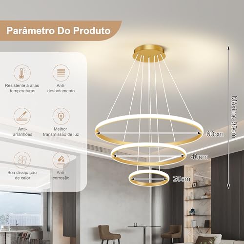 Luminária Pendente LED Moderna Dourada De 3 Anéis, Luminária Pendente Regulável Por Controle Remoto,