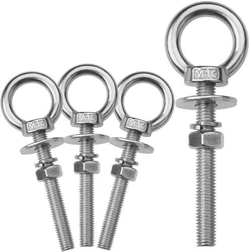 Image of 4 Pack M10 Eye Bolts with Nuts, 304 Stainless Steel 3 /8 inch x 3 inch Heavy Duty Lifting Eye Bolts, Metric M10x77mm Ring Eye Bolt for Hanging, Tie Down, Outdoor & Hardware Fixing (4, 3 /8 inchx3 inch)