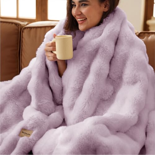 Image of Bedsure Fluffy Bubble Faux Fur Throw Blanket, 50 inchx60 inch, Light Purple