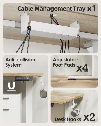 Image of TIQLAB Electric Standing Desk with Cable Tray, 55'' x 24'', Maple