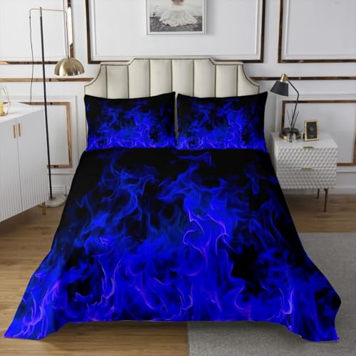 Castle Fairy Blue Flame Quilt Bedding Set TwinCool Burning Flames Coverlet Bedspread for Kids Modern Fashion Lightweight Bedding Bed Cover Black Bedspread Set (1 Quilt+ 1 Pillowcase)
