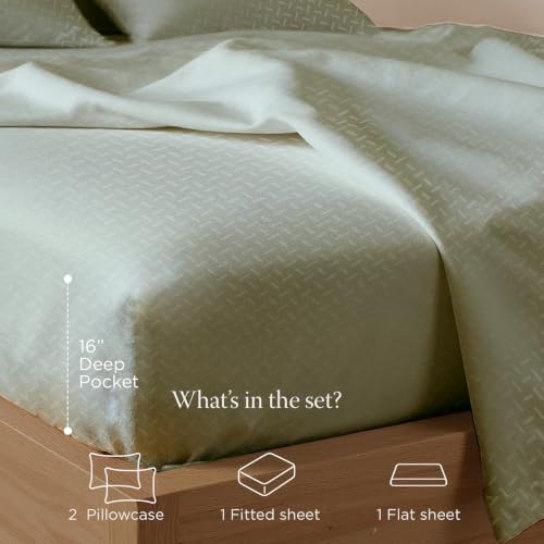 Image of Threadmill 300TC Cotton Queen Sheet Set, Sateen, Jacquard, Sage Green | 100% Cotton, Sateen Weave, Jacquard Pattern, 4-Piece Set, 16 inch Deep Pocket, All-Around Elastic, Cooling, OEKO-TEX Certified