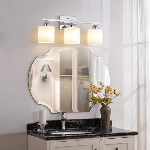 Image of Mecgirn Stainless Steel Milk Glass Vanity Lights for Bathroom, 3 Light Chrome Bathroom Light Fixtures Over Mirror, Ceramic E26 Sockets Wall Mounted
