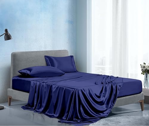 Image of Soft and Silk Satin Bedsheet for Single Bed - 400 TC Romantic Bedsheet Set for Bedroom | Bridal Wedding Bedsheet with Pillow Cover | Ideal for Gifting Navy Blue, Single Bed
