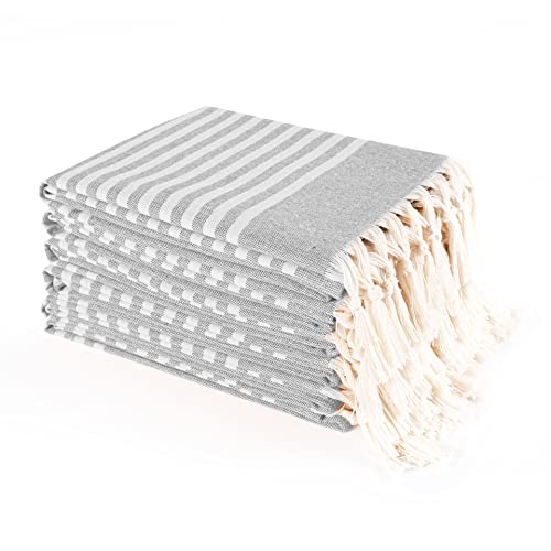Twiny Threads Set Of 6 100% Cotton Turkish Kitchen Towels With Hanging Loop & Tassels (18" X 28") | Ultra Washcloth With Fringes | Reusable Hand Towels - Grey #TOP5