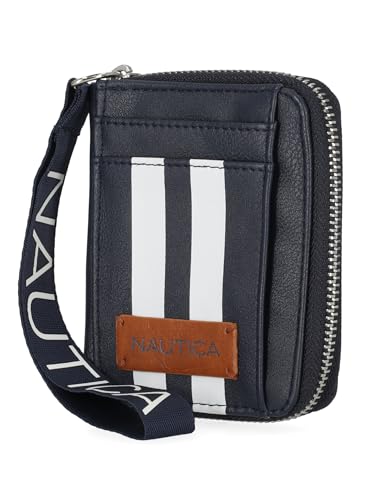 Nautica Everglades Small Wallet for Women, Compact Thin Wristlet, Credit Card Wallet with ID Window, Zippered Coin Purse, Indigo (Racing-Stripe)