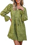Dokotoo Long Sleeve Dresses for Women 2026 Elegant Spring Fashion Embroidered Hollow Out Green Dress Tassel V Neck Cotton Casual Beach Party Dress Long Sleeve Wedding Guest Dresses for Women Medium