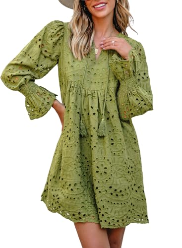 Image of Dokotoo Womens 2026 Boho Dress Tassel V Neck Long Sleeve A Line Casual Hollow Out Lace Ruffle Party Dresses