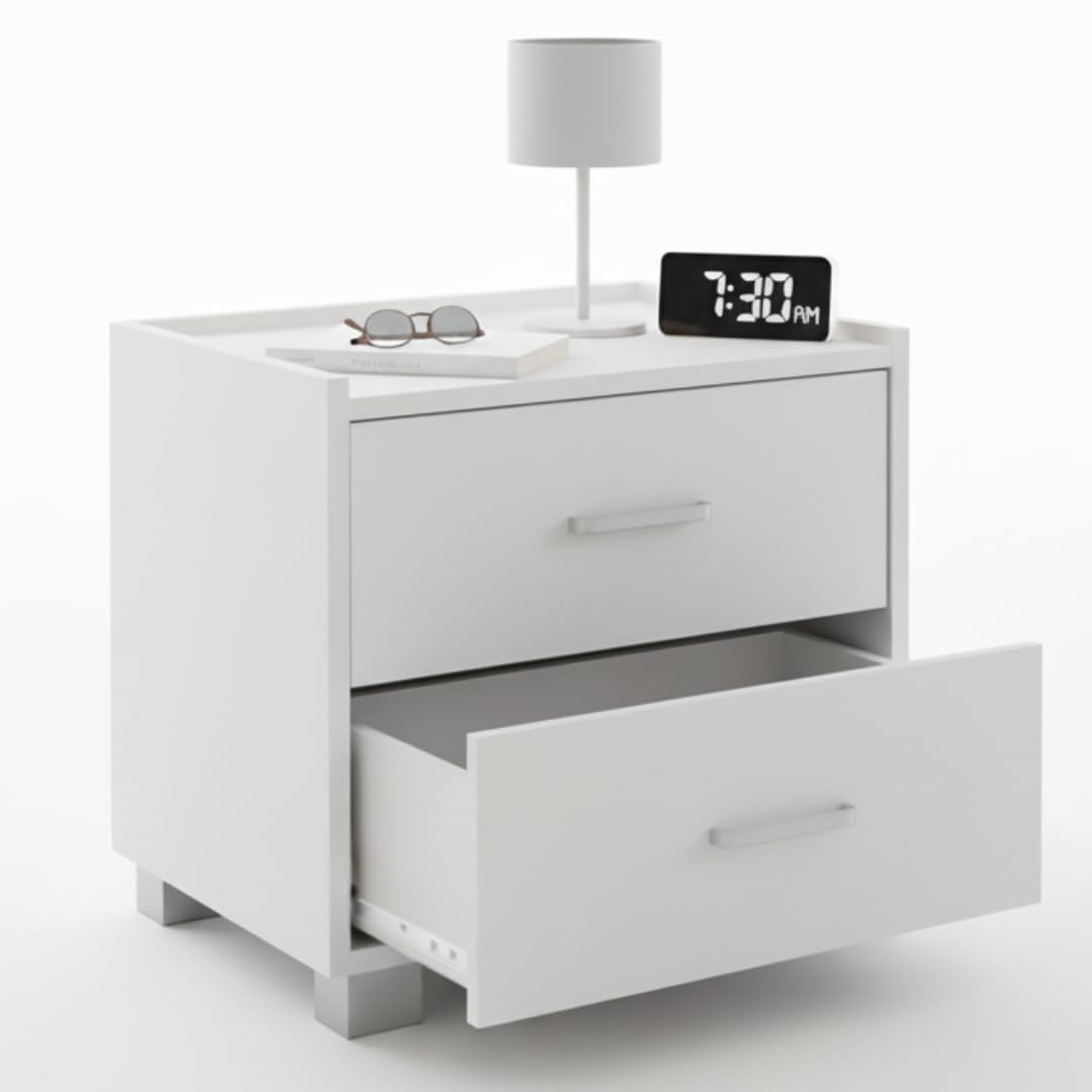 Comodino Moderno Con 2 Cassetti E Barre Anticaduta – Legno Melaminico, Piedi Antiscivolo, 43x40x44 Cm – Per Camera Da Letto, Bianco