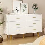 Tradare White Dresser for Bedroom with Gold Handles, 6 Drawer Wood Dresser Modern Chest of Organizer Storage Drawers for Hallway, Living Room, TV Stand