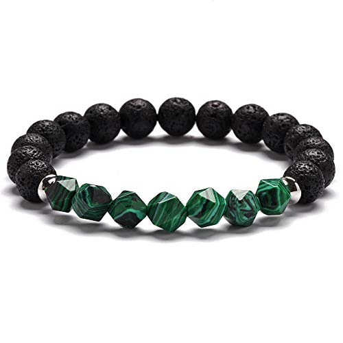 Gemsfly Stainless Steel Beads Round Ball Beaded Natural Amethyst Agate Quartz Stone Stretch Wristband Bracelets (Malachite)