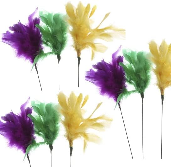 Factory Direct Craft Pack of 18 Mardi Gras Dyed Fluffy Natural Feather Picks for Decorating Mardi Gras Centerpieces, and More (Size: 14" L)