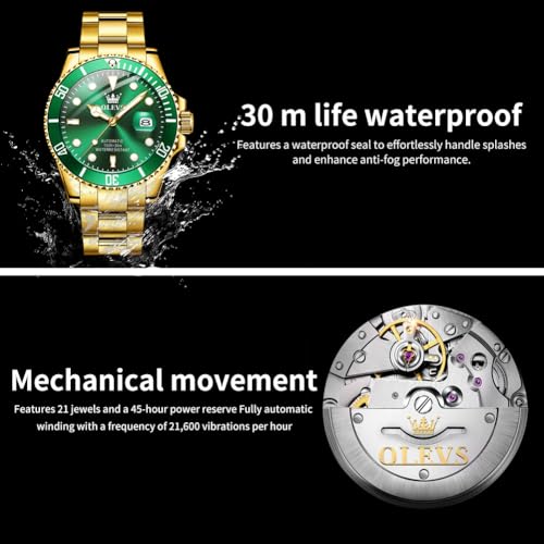 OLEVS Watch Men Gold Green Face Luxury Automatic Self Winding Analog Waterproof Wrist Watches for Men Casual Mechanical Luminous Stainless Steel Dress Mens Watches — view 5