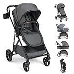 COSTWAY 3 in 1 Baby Stroller, Foldable Travel System Pram with Reversible Seat, Adjustable Canopy & Backrest, Mesh Net, Storage Basket, Lightweight Infant Newborn Pushchair for 0-36 Months (Grey)