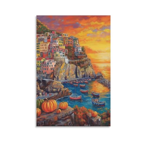 Murale décoration coucher de soleil au port pour couloir - Tableau peinture sur toile 50x75cm