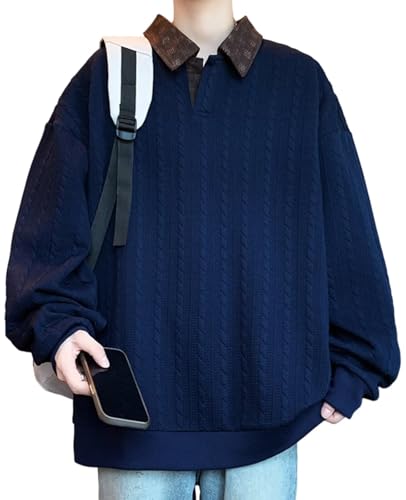 [Bligo] トレーナー 襟付き メンズ 秋服 無地 長袖 vネック 大きいサイズ カジュアル 人気 シンプル おしゃれ ドロップショルダー 上着 ゆったり 立体模様 冬 春 韓国風 柔らかい肌触り ロンt 厚手 普段着 Blue-7XLの商品画像（Amazon）