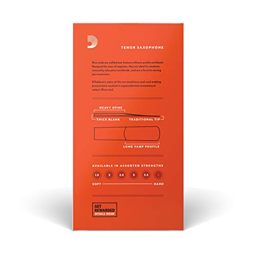 Rico Tenor Saxophone Reeds - Tenor Sax Reeds - Unfiled Cut, Thinner Vamp For Ease Of Play - Strength 3.0-25 Pack #TOP2