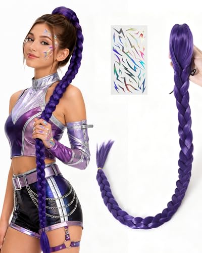 Image of Rose bud Purple Braid Ponytail Extension 40 Inch Long Braided Detachable Ponytail for Women Halloween Cosplay
