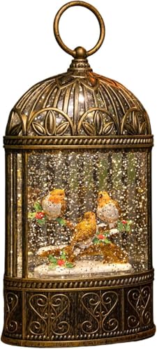 YöL 24cm Water Lantern with Robins – LED Light Up Christmas Decoration with Glitter Swirl Effect, Timer Function, Battery or Dual Power Option – Festive Indoor Ornament for Holiday Home Décor