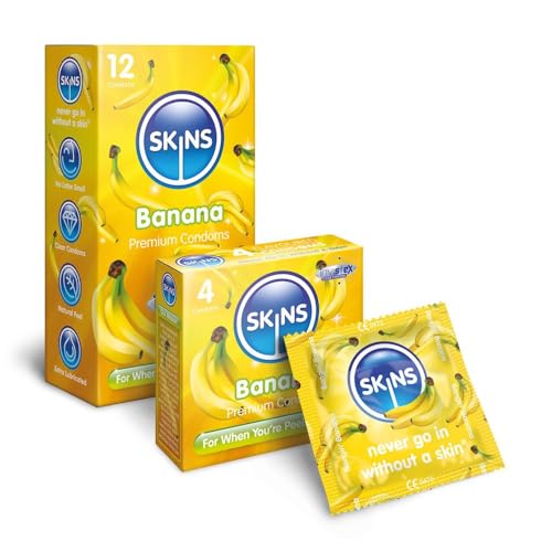 Premium Skins Preservativos con sabor a plátano Caja grande -Preservativos con sabor ultrafinos para uso oral y sexual - Preservativos con lubricante con sabor extra para mayor placer