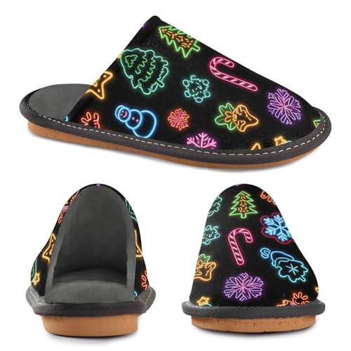 Slippers for Women Neon Christmas Tree Snowman Five-pointed Star Pattern Soft Winter Warm Shoes Indoor Outdoor Non-Slip House Travel Slippers4