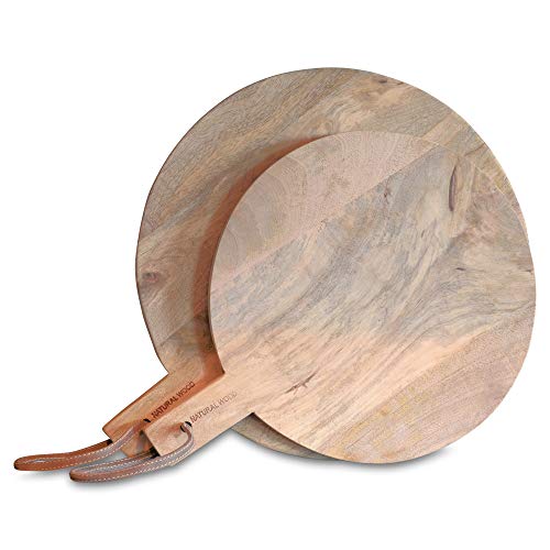 Gastro Chic Cutting Boards Set of 2 Paddle Shaped Rustic Mango Wood Stitched Leather Hanging Straps Food Safe Each Over 1 Ft 1725 and 1525 Inches Long