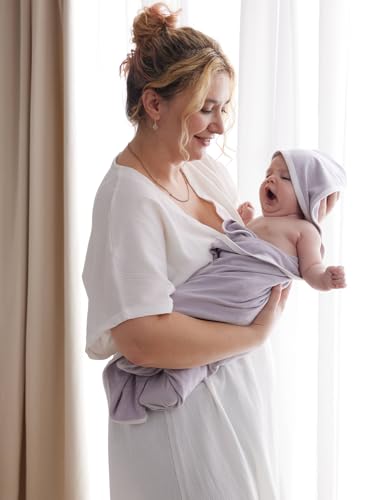 Image of Momcozy Baby Hooded Towel-Made from Cotton, Suitable for Newborn Shower Gifts, 2 Count (Pack of 1), 28 X 28 Inch, Ink Wash Leaves