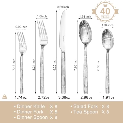 KINGSTONE Silverware Set, 40-Piece 18/10 Stainless Steel Brushed Handle Flatware Cutlery Set, for Kitchen, Home, Party, Wedding Gift, Rust Resistant and Dishwasher Safe - Thumbnail 3