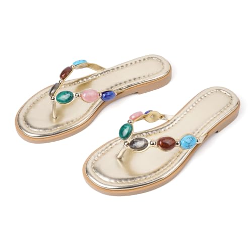 Image of DREAMSTORY Womens Beaded Flip Flops Beach Jeweled Thong Sandals Gold 8.5 | Open Round Toe, Slip on, Colorful Gemstones Embellished, Fashionable Summer Beach Style, Casual Flat Studded Shoes