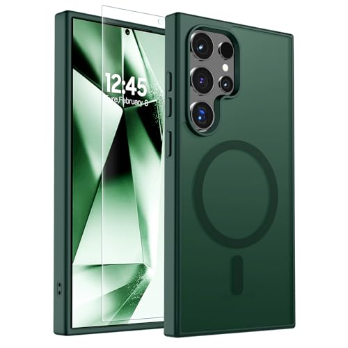 Image of SUPFINE Magnetic for Samsung Galaxy S24 Ultra Case with Screen Protector, (Built-in Magnets) (Military Grade Drop Protection) Slim Translucent Shockproof Phone Case,Forest Green