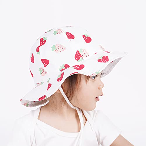 Juenier Baby Sun Protection Hat Wide Brim Summer Bucket Hats Toddler Beach Hat For Boy Girl Adjustable Kid Cap(White Strawberry,L:2T-4T(52Cm /20.5")) #TOP3