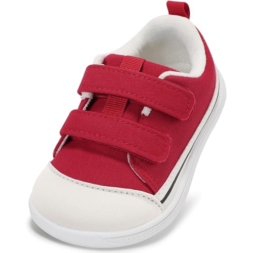 STQ Toddler Wide Toe Box Walking Shoes Girl Boy Sneakers Hook and Loops Barefoot Non-Slip Baby Shoe Red Size 7