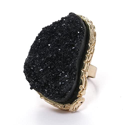 24 JOYAS Gran Anillo de Resina Negra y Dorada irregular y ajustable, Preciosa Alianza natural romántica y elegante para mujer