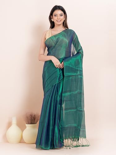 Image of Women's Tissue Cotton Saree | Plain Lightweight Tassel Pallu Saree with Blouse