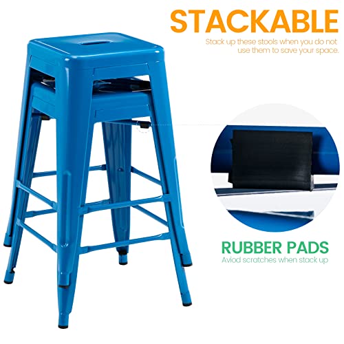 Vogue Furniture Direct 24 Inch Metal Bar Stools, Backless Counter Height Barstools, Indoor Outdoor Stackable Stools With Square Seat, Set Of 2 (Blue) #TOP5