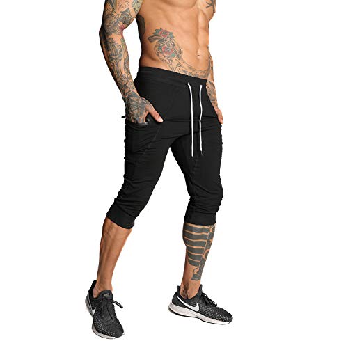 SAMZUEO Mens Casual Shorts 3/4 Jogger Pants Workout Training Jogger Capri Pants Black