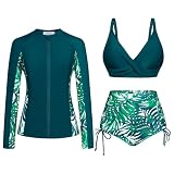 Women's UPF 50+ Rash Guard Long Sleeve 3 Piece Zip Up Swimsuit UV/Sun Protection Swim Shirts Built in Bra Swimwear M