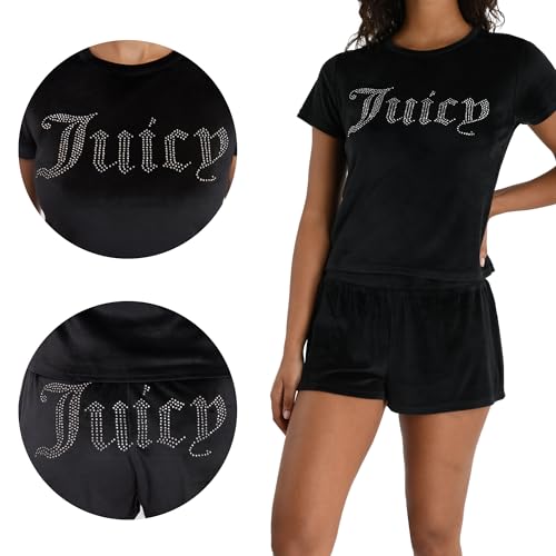 Image of Juicy Couture Women's 2 Piece Velvet Fleece Short Sleeve Shirt and Pajama Shorts Lounge Sleepwear Set