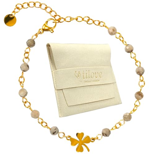 TILOVE - Bracciale in pietra naturale labradorite litoterapia da donna con trifoglio portafortuna, in acciaio inossidabile. Progettato in Francia. Braccialetto Chakra Benessere. Idea regalo donna,