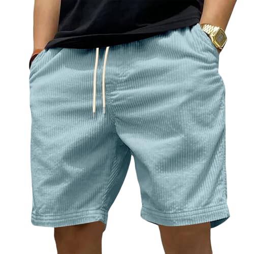 Plus Size Corduroy Shorts for Men Casual Basic Drawstring Waisted Bermuda Shorts Vintage Cargo Short with Pockets Fashion Resort Straight Short Light Blue 2XL